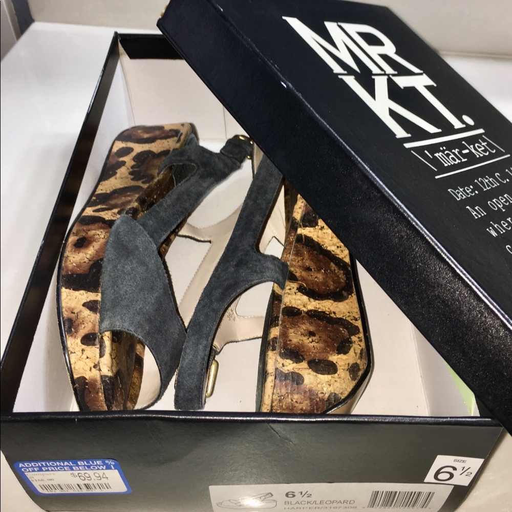 Black suede upper & strap w/ leopard cork platform